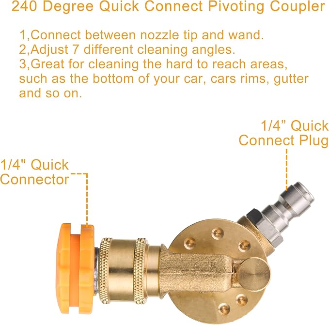 FIXFANS Pressure Washer Pivoting Coupler, Gutter Cleaner Attachment | 1/4” Quick Connect, 240 Degree with 7 Angles for Power Washer Spray Nozzle, 4500PSI