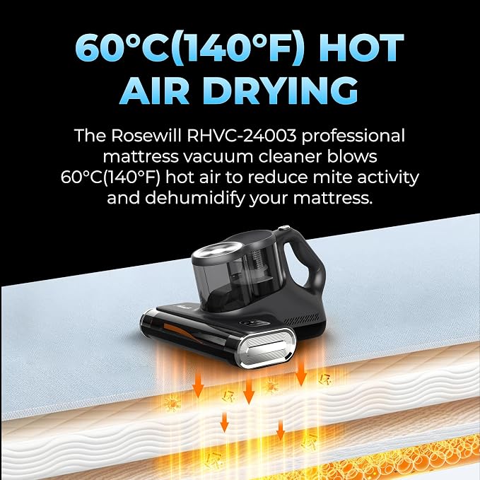 Rosewill Mattress Vacuum Cleaner: 450W 16Kpa Strong Suction, 253.7nm UV-C Light, Ultrasonic & High Heating Tech, Dual Dust Cup, Corded - Metallic Grey