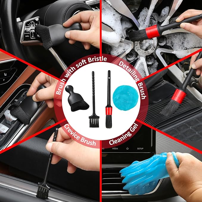 Qydipclin 10pcs Windshield Cleaner Tool, Car Window Cleaning Wash Kit with 4 Reusable Microfiber Pads 1 Spray Bottle and Extendable Handle Auto Glass Wiper Kit, Red