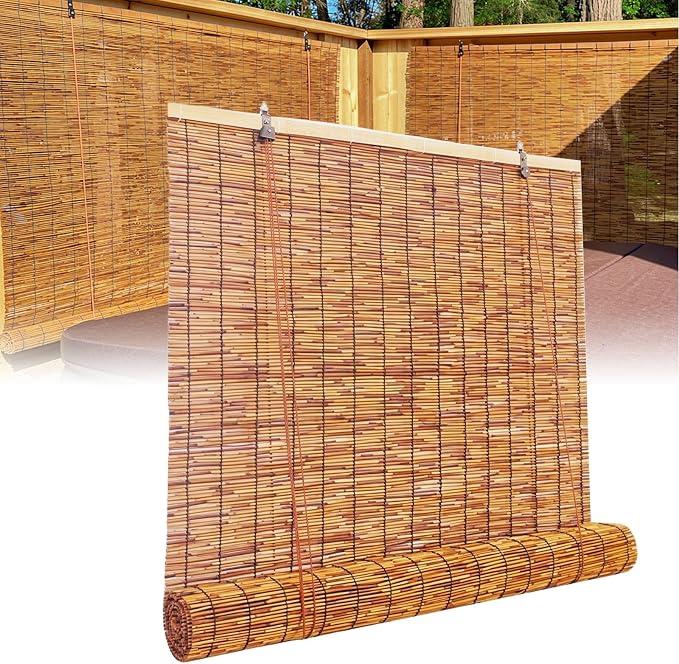 Retro Bamboo Blinds for Patio, Privacy Bamboo Roll Up Shades for Windows, 16"-80" W Reed & Bamboo Blackout Roller Shades, Cordless Outdoor Blinds for Porch, Sun Blocking(56" W x 64" H)