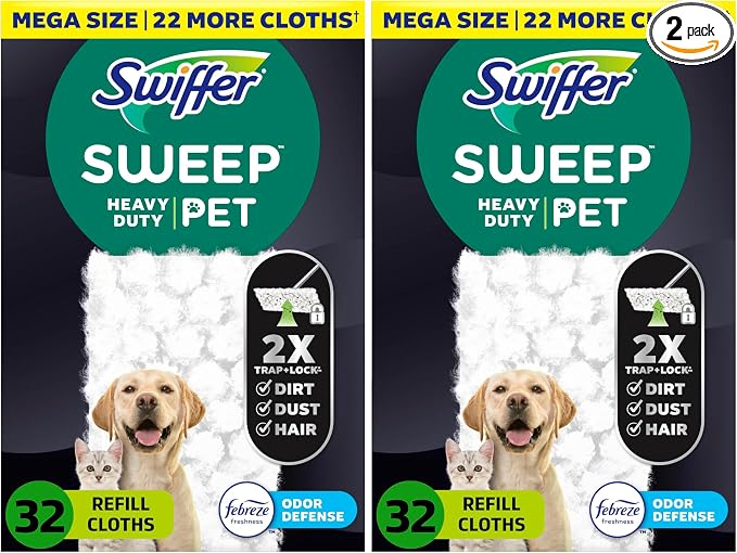 Sweep + Mop, Dry Pads Refill, Floor Cleaner for Dirt, Dust, Hair, Cleaning Cloths for Mopping Home, Bathroom, Kitchen, All Purpose Multi-Surface Floor Wipes, Heavy Duty, Pet, 32 Count (Pack of 2)