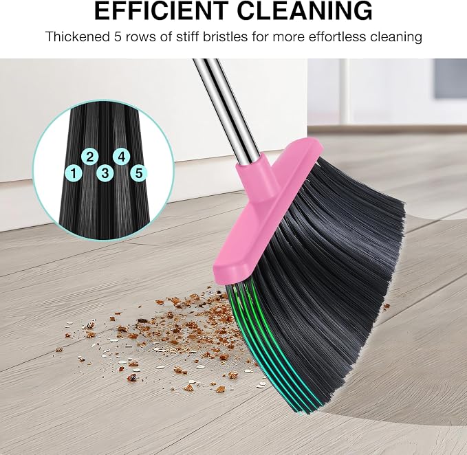 NACENA Broom and Dustpan Set with 52-in Long Adjustable Handle, Pink Blue | Broom Dustpan Combo with Dustpan Teeth to Automatically Clean Hair Suitable for Home Kitchen Office Hall Floor