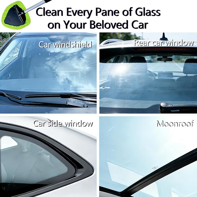 Microfiber Car Windshield Cleaning Tool with Extendable Handle,Car Defogging Glass Cleaning Brush with 4 Reusable Microfiber Pads 1 Spray Bottle and 1 Car Dust Removal Brush. (Green)