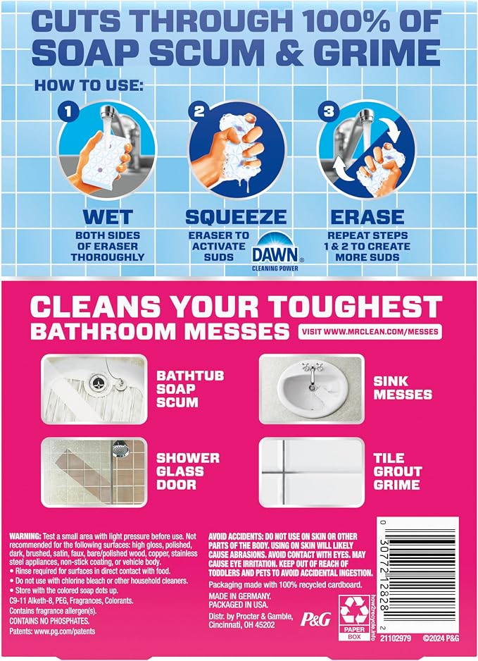 Mr. Clean Magic Eraser Sponge, Bathroom Cleaner, Shower Cleaner, Tub Cleaner, Soap Scum Remover, Bathroom Cleaning Supplies, Dawn Cleaning Power with Febreze Lavender Scent, 5ct