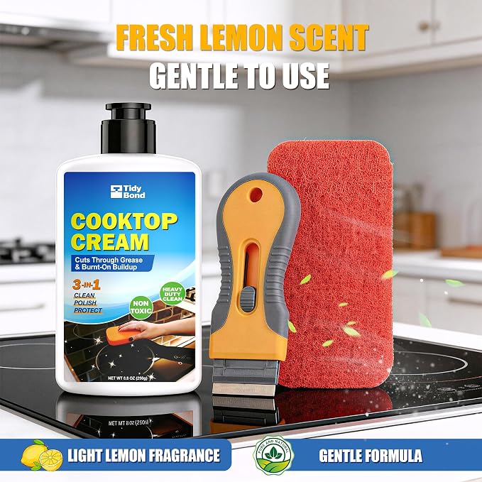 Glass Cooktop Cleaner & Polish Kit – Heavy Duty Stove Top Cleaner with Scraper & Scrubbing Pad, Removes Burnt-On Food, Grease & Tough Stains, Safe for Induction, Electric & Ceramic Cooktops – 8.8 oz