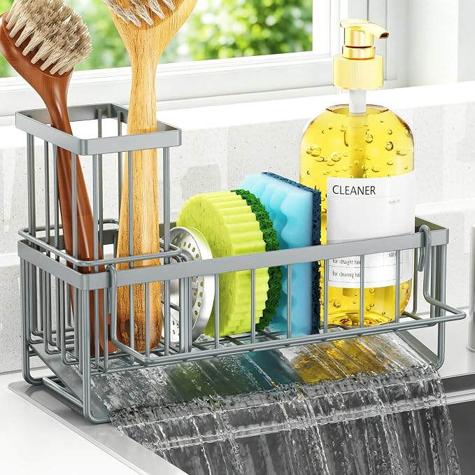 Sponge Holder for Kitchen Sink, Kitchen Sink Caddy, Kitchen Sink Sponge Holder, Dish Sponge Holder, Kitchen Sink Organizer for Sponge, Dish Brush, Scrubber(9.65" x 3.74" x 6.3", Gray)