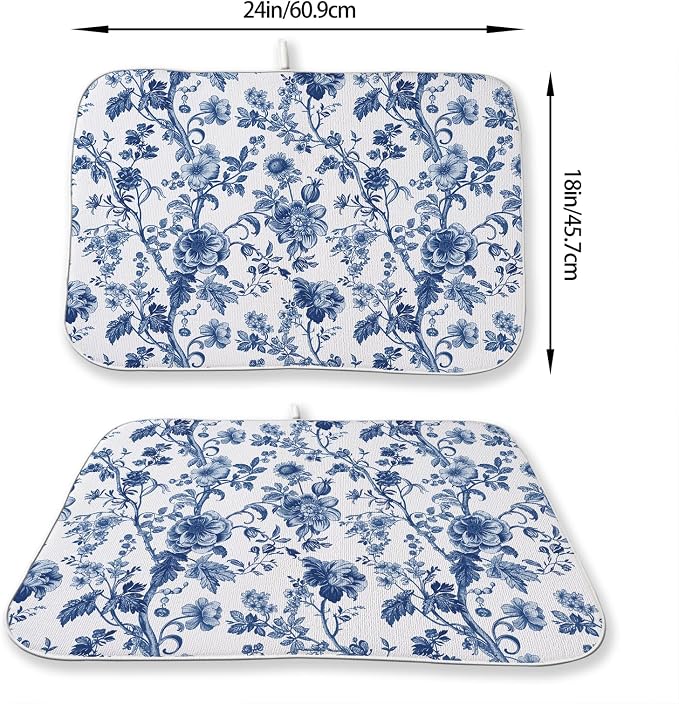 Blue Floral Dish Drying Mat 18 x 24 Inch Vintage Navy Blue Floral Drying Mat for Kitchen Counter Absorbent Spring Summer Flower Dishes Dry Pad for Drainer Rack Kitchen Fast Dry