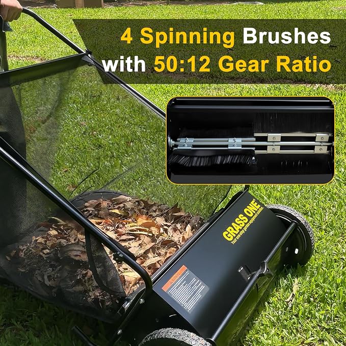 26 Inch Push Lawn Sweeper with 7 Cu.Ft Collection Bag | Yard Sweeper With 4 Spinning PP Brushes, Durable Steel Frame, Adjustable Height And Rubber Tires For Easy Yard Cleanup.