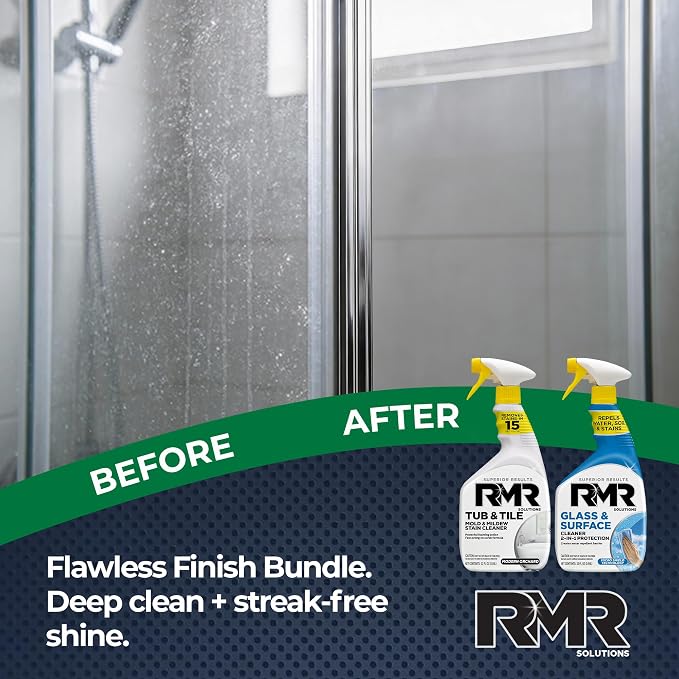RMR Flawless Finish Bathroom Bundle – Tub & Tile Cleaner + Glass & Surface Cleaner Plus Repellent, 2-Step System for Shower, Tub, Tile, Grout, Glass Doors, & Mirrors, 2–32 Oz Bottles
