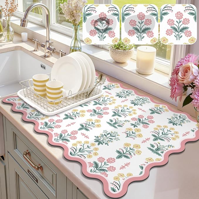LOKHOM Scalloped Floral Dish Drying Mat, 18"x24" Super Absorbent Coffee Mat with Unique Pink Pastoral Floral, Cuttable Hide Stain Non-slip Drying Mat for Kitchen Counter Coffee Maker Espresso Machine