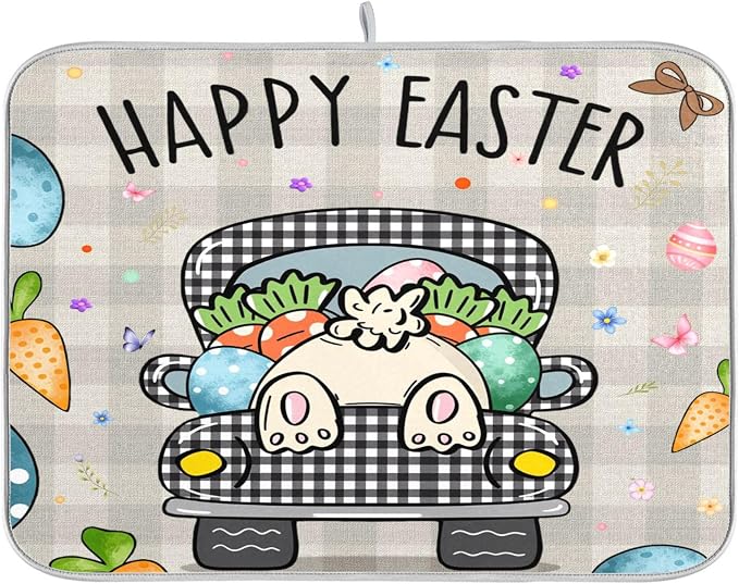 Easter Eggs Bunny Rabbit Dish Drying Mat Quick Absorbent 18x24 Easter Day Black White Buffalo Plaid Kitchen Drying Mat for Countertop Sink Reusable Dishes Mats Kitchen Essentials