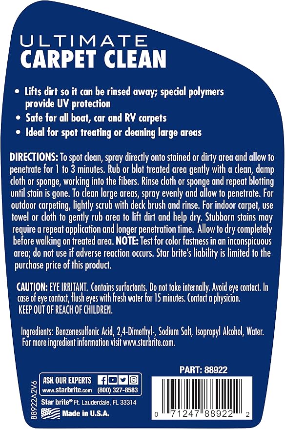 STAR BRITE Ultimate Carpet Clean With PTEF, High-Performance Cleaner | Foaming action lifts dirt, dissolves oily stains, grease and fish blood, deodorizes, polymer coating repels UV rays