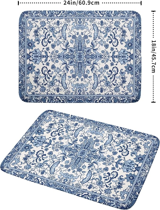 Chinoiserie Floral Dish Drying Mat for Kitchen Counter Blue and White Flowers Pattern Dish Drying Pad 18”x24”Absorbent Reversible Seasonal Decor Dishes Drainer Pad Dish Dry Rack Mat for Counter top