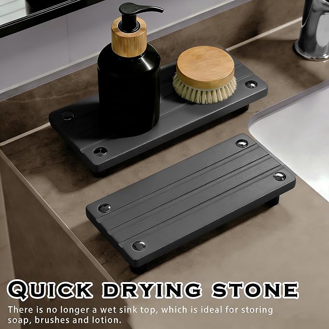 2PCS Instant Dry Sink Caddy for Bathroom Counter, Durable Kitchen Sink Organizer, Diatomite Stone Drying Tray, Upgrade Water Absorbing Stone Tray for Sink, Anti-Slip Stone Soap Tray -Dark Gray