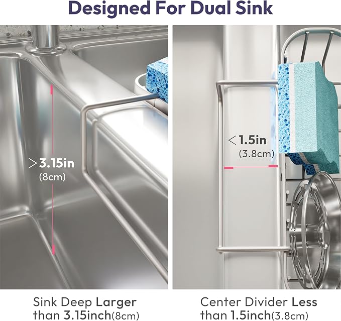 SWTYMIKI Sponge Holder for Kitchen Sink with Partition, Movable Kitchen Sink Caddy with Compact Size Rustproof and Waterproof Hanging Sponge Caddy for Double Bowl Sinks,Sand Nickel