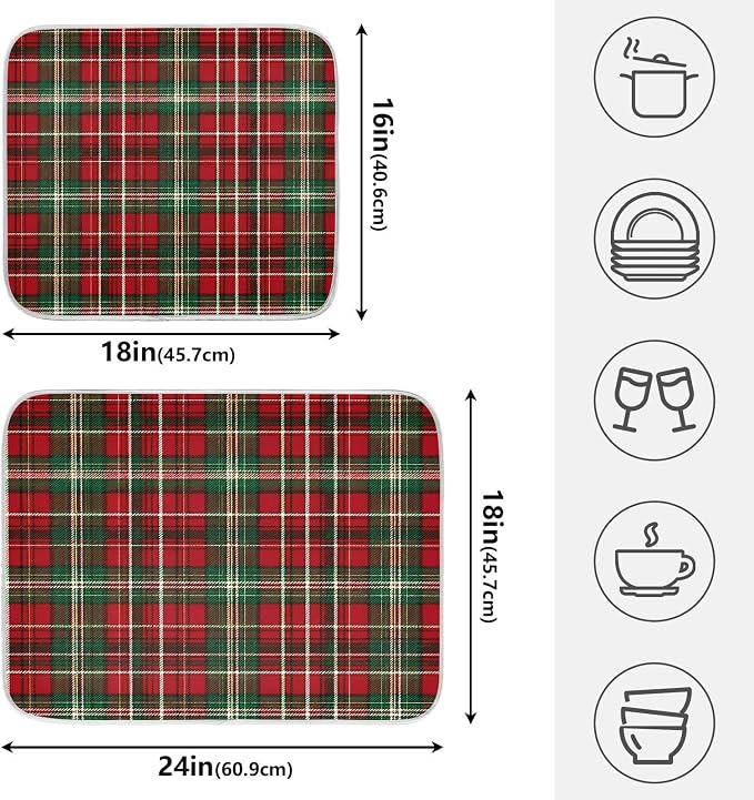 Christmas Red Green Buffalo Checkered Dish Drying Mat for Kitchen Counter Absorbent Microfiber Small Drying Pad Dish Mats for Kitchen Countertops 16 x 18 Inch