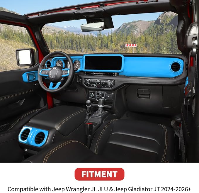 21PCS Full Set Interior Trim Kit for 2024-2026+ Jeep Wrangler JL JLU & Jeep Gladiator JT, Dashboard Side Outlet Door Handle Bowl Headlight Switch Roof Reading Light Cover (Light Blue)