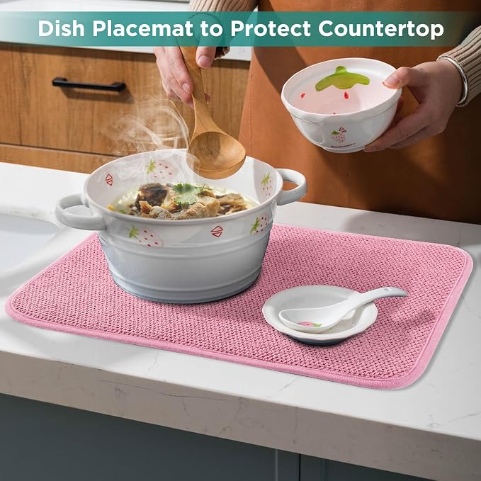 GeeRic Microfiber Dish Drying Mat, Super Absorbent Kitchen Dish Drying Pad, Reversible Gift Mats for Countertop, 17.8 * 23.6 inch Pink