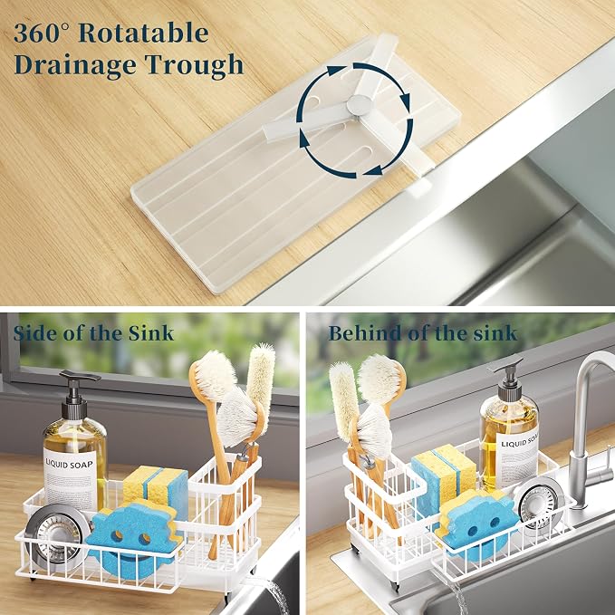Consumest Sponge Holder for Kitchen Sink - Auto Draining Sink Caddy Organizer with Detachable Rack, High Brush Holder, Kitchen Countertop Storage Accessories, White