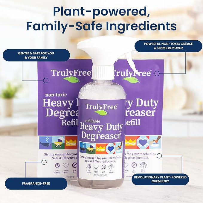 Truly Free Heavy Duty Degreaser - Grease Remover & Grime Cleaner for Kitchen, Automotive & More, Household Cleaning Supplies, Fragrance-Free, Includes 16 oz Reusable Empty Bottle + Two Fills, 3 oz ea.