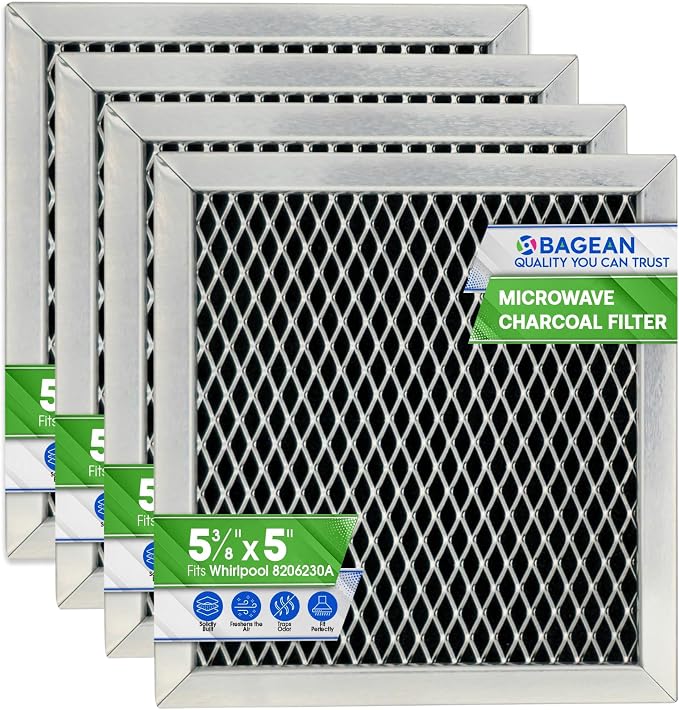 Microwave Charcoal Filter 5.35” x 5.03” for 8206230A Maytag and Whirlpool Microwave Filter Replacement - Carbon Filters Freshens and Filters Kitchen Air in Over the Range Oven Vent Fan (4-Pack)