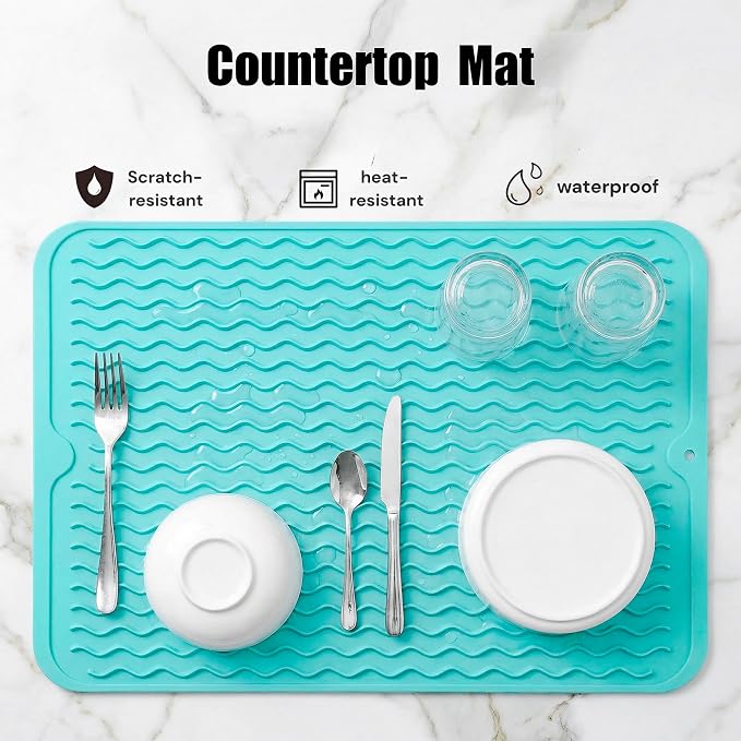 MicoYang Silicone Dish Drying Mat — Quick-Dry Ridges Counter & Sink Pad, Heat-Resistant Trivet to 450°F, Non-Slip & Dishwasher Safe, Roll-Up Storage, 18 Colors & 9 Sizes (Mint, 16"×12")