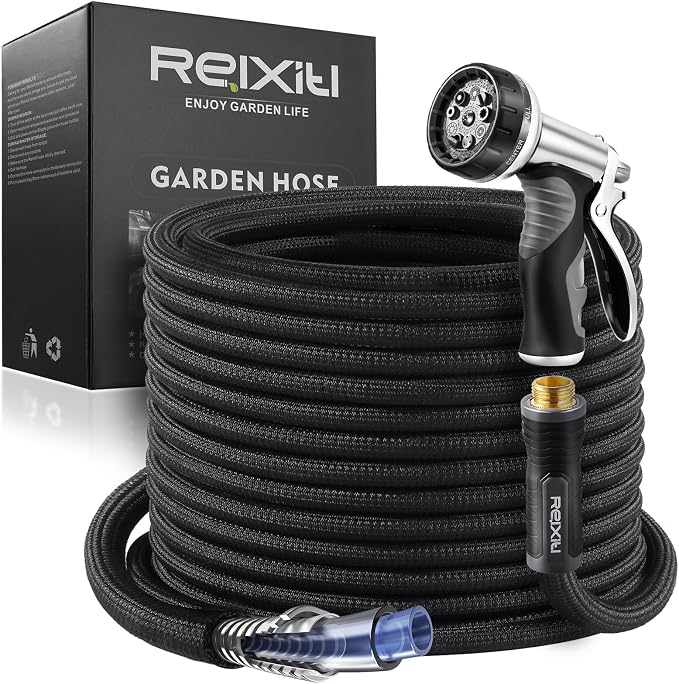Relxitl Garden Hose, Flexible Water Hose, Ultra Lightweight Non-Expanding hose with 10 Function Sprayer, Leak proof, Pressure Resistant for Yard, Outdoor (Black, 100FT)