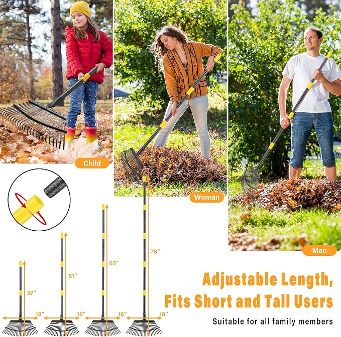 25-Tine Metal Leaf Rake Set with Adjustable Handle, 32-Gallon Bag & Leaf Scoops for Effortless Yard Cleanup, Heavy Duty Sturdy Garden Rake for Lawns, Backyard, Fall & Spring Cleaning 6FT
