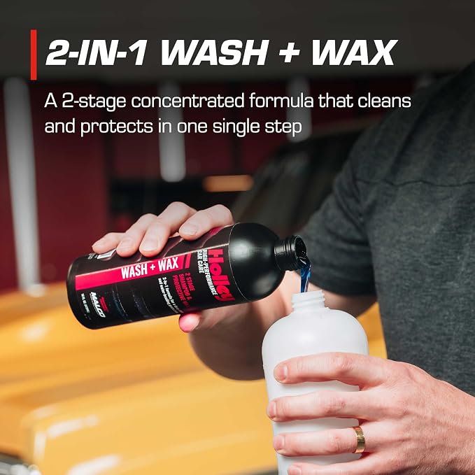 Holley Wash + Wax - 2-Stage Shampoo & Wax - 16 oz. | High-Performance Car Care, Washing Liquid - Soap Concentrate with Carnauba Protective Wax - For all car types