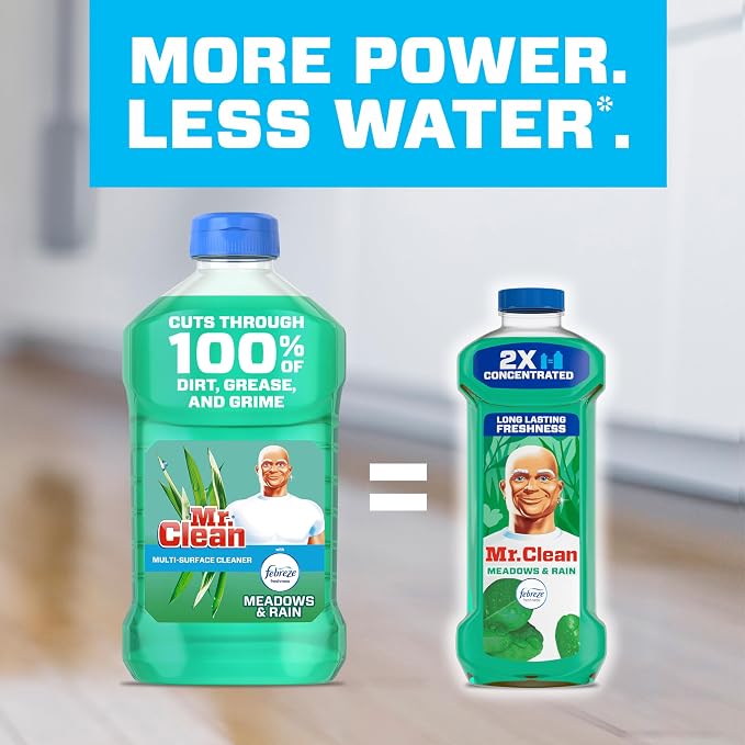 Mr. Clean All Purpose Cleaner, Floor Cleaner for Mopping Home, Bathroom, & Kitchen, Cleaning Liquid for Mop & Bucket, Cleaning Supplies, Multi-Surface Dilutable, Meadows & Rain, 41oz (Pack of 2)