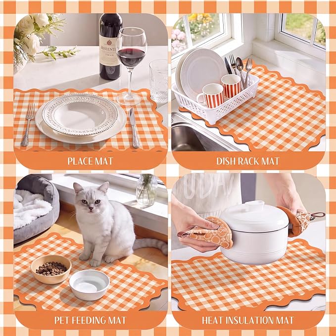 Scalloped Gingham Coffee Mat 12" x 20" Absorbent Coffee Bar Mat Gingham Espresso Matt for Counter(Orange)