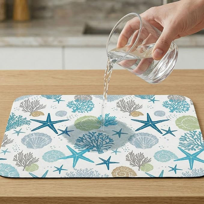 Summer Coastal Shell Dish Drying Mat for Kitchen Counter Sink, Blue Absorbent Microfiber Drying Pad, Reversible Beach Decor Countertop Mat