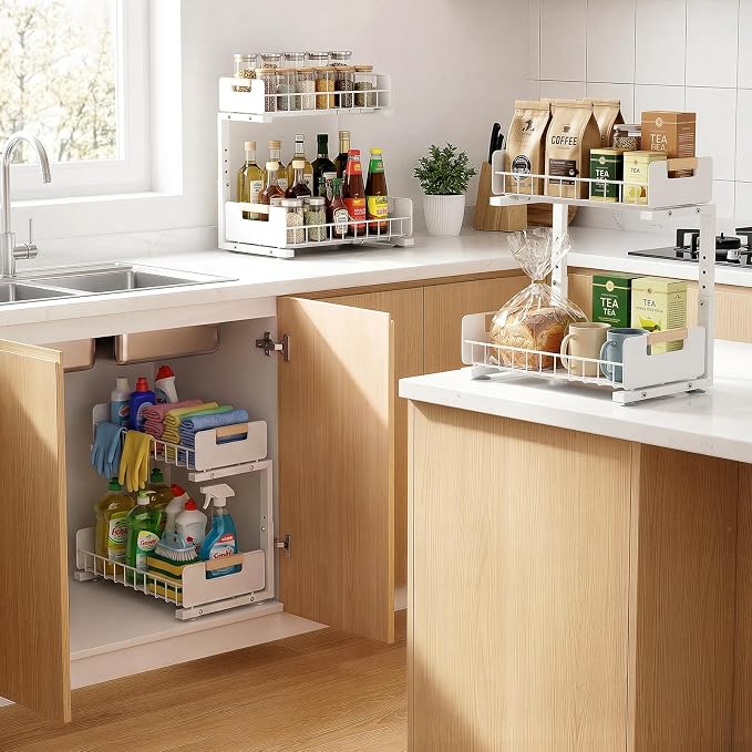 Delamu Under Sink Organizer 2 Pack, Pull Out Cabinet Organizer for Kitchen Sink, 2 Tier Metal Slide Out Shelf Caddy for Bathroom Storage, 5 Adjustable Heights for Pantry & Laundry Room, White