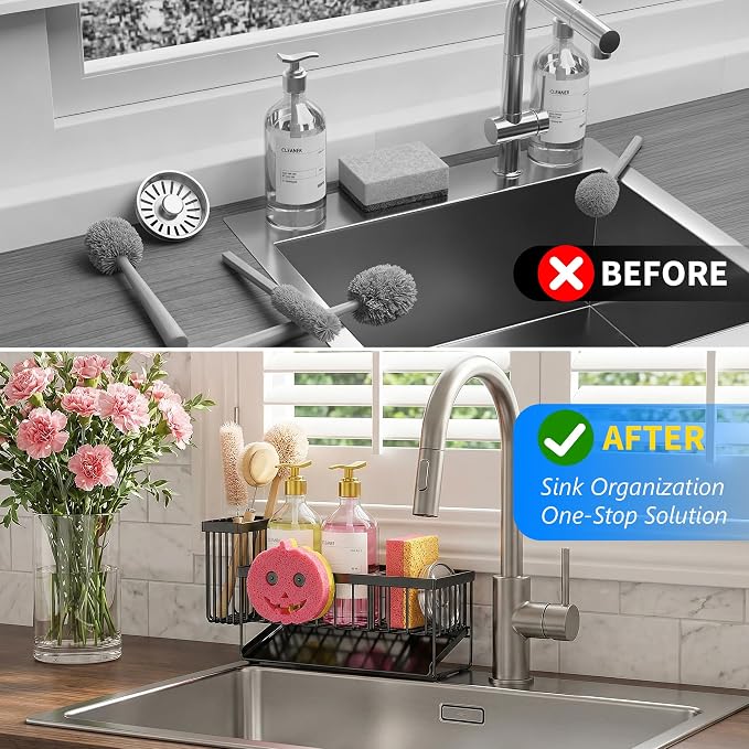 Cisily 8.26'' Sponge Holder for Kitchen Sink, Smiley Face Sink Caddy with Removable Brush Holder,Self-Draining Sponge Caddy for Sponge,Soap,Dish Brush,Scrubber,Kitchen Essentials and Gadgets