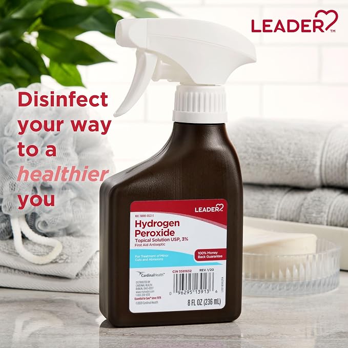 Leader Hydrogen Peroxide 3% Topical Solution, First Aid Antiseptic, Multi-Purpose Cleaner, Gentle & Effective Spray for Home, Cuts, and Scrapes, Easy-to-Use, 8 Fl Oz Spray Bottle (2 Pack)