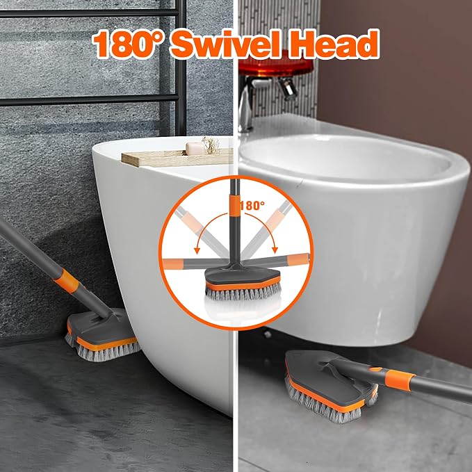 NEWE Shower Cleaner Brush, Tub Tile Scrubber with Telescopic Long Handle 56 inches, 4 Scrub Heads for Cleaning Bathroom Bathtub Floor Baseboard Sink Kitchen Toilet