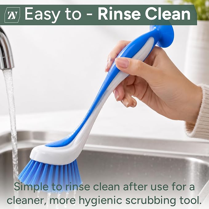 Zuvo Dish Brush Set of 3 with Suction Cup – Dish Scrubber & Cleaning Brush | Long-handle kitchen scrub brush, PET bristles, for dishes, pots, pans, sink & cast iron, 3 assorted colors, suction base