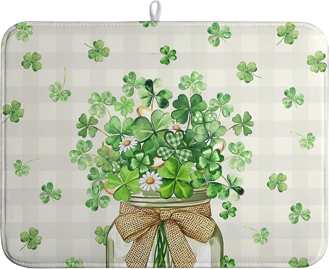 St Patricks Day Shamrock Dish Drying Mat Green Spring Kitchen Dishes Drying Pad Absorbent Dish Dryer Mats for Kitchen Countertops Microfiber Washable Large18x24 in