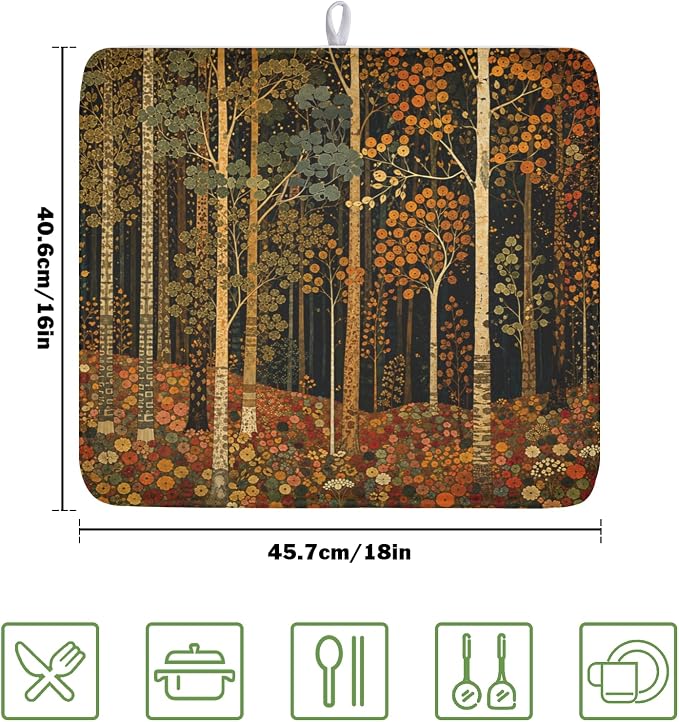 Fall Dish Drying Mat for Kitchen Counter Autumn Forest Vintage Botanical Nature Microfiber Dish Drainer Mat Antique Rustic Farmhouse Absorbent Washable Drying Pad 16"x18"