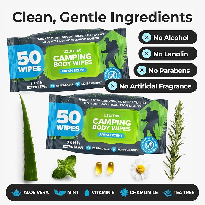 Camping Essentials - Body Wipes for Camping Adults Bathing No Rinse - 100 XL Deodorant Bathing Shower Wipes For Men Women - Personal Hygiene Cleansing Cloth with Aloe - Camping Accessories Supplies