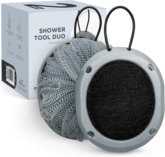 MainBasics Shower Tool Duo 2-1 Shower Loofah Sponge and Exfoliating Body Scrubber (2 Pack, Skyway)
