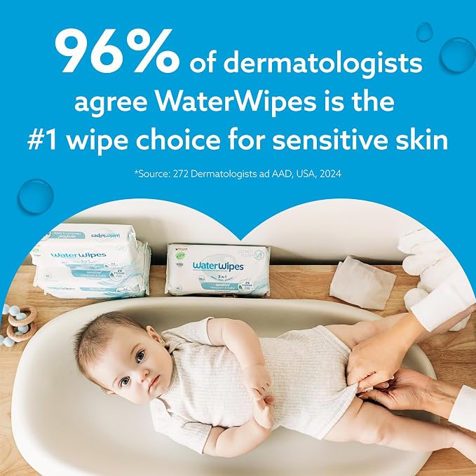 WaterWipes Sensitive+ Newborn & Baby Wipes, 3-In-1 Cleans, Cares, Protects, 99.9% Water, Unscented & Hypoallergenic, 60 Count