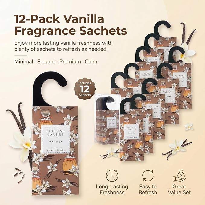 Large 12 Packs Vanilla Hanging Scented Sachets Long-Lasting Closet Deodorizer Air Freshener Fabric Refresher Odor Eliminator for Drawer Home Fragrance Gift Set