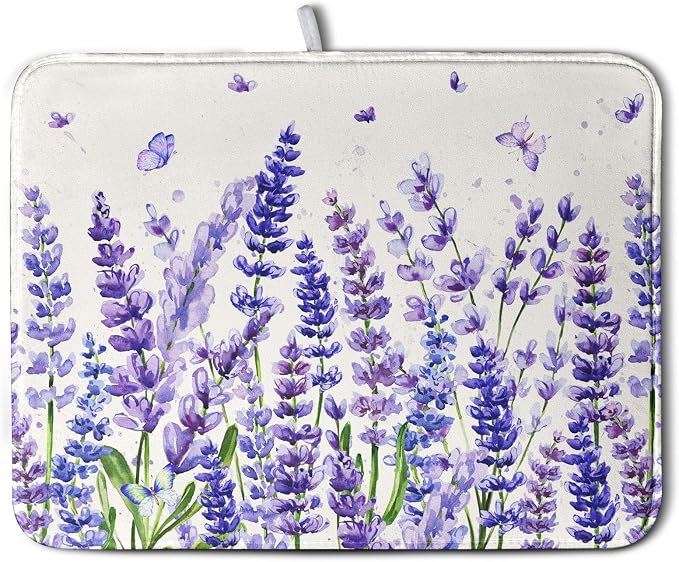 Purple Lavender Dish Drying Mat for Kitchen Counter Spring Summer Flower Floral Dishes Drainer Mats Absorbent Microfiber Dish Drying Pad Washable Dish Draining Mat Extra Large 18x24 Inch