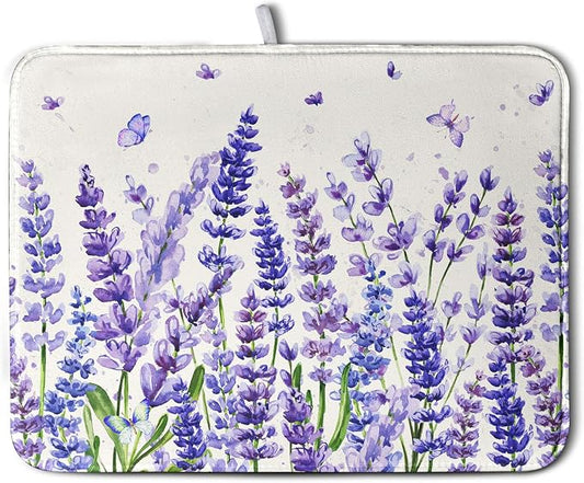 Purple Lavender Dish Drying Mat for Kitchen Counter Spring Summer Flower Floral Dishes Drainer Mats Absorbent Microfiber Dish Drying Pad Washable Dish Draining Mat Extra Large 18x24 Inch