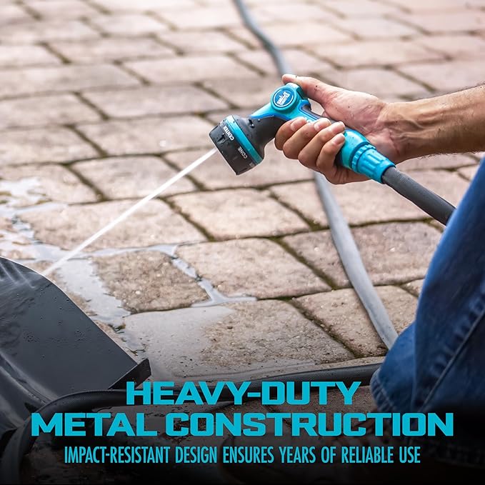 Aqua Joe AJHN102 Heavy-Duty Metal Multi-Function Hose Nozzle with Smart Throttle and 7 Sprayer Patterns