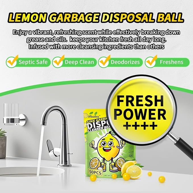 50 Count Garbage Disposal Cleaner and Deodorizer – Sink Odor Eliminator, New Powerful XL Sink Drain Freshener Pods | Dissolves Grease, Eliminates Odors, Lemon Zest Scent
