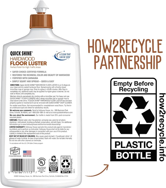Quick Shine Hardwood Floor Luster 27 oz-6 Pk, Natural Looking Shine | Plant Derived Carnauba Polish, Renew & Protect, Streak & Haze Free, Non-slip, pH Neutral, No PFAS, EPA Safer Choice