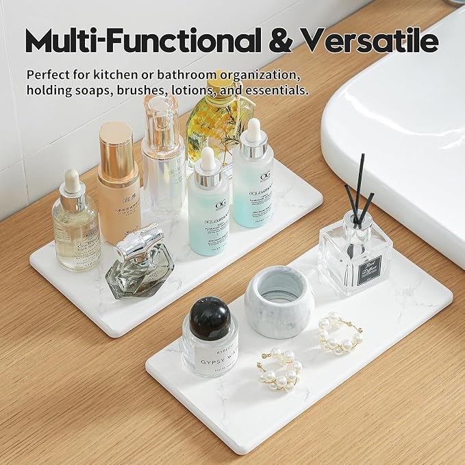 2PCS 10"x 5" Large Bathroom Sink Vanity Trays, Water Absorbing Diatomite Stone Quick Drying Mat for Kitchen Counter, Dish Rack Dispensers Sponge Holder Caddy Organizer, Marble White, 10"x 5"