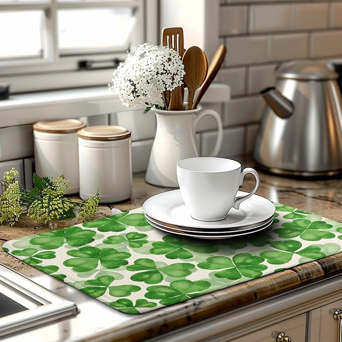 St Patrick's Day Green Clover Drying Mat for Kitchen Counter Watercolor Shamrock St Patricks Day Dish Drying Mats Spring Lucky Clovers Absorbent Reversible Dish Drainer Rack Mat Dish Pad 18x24 Inch